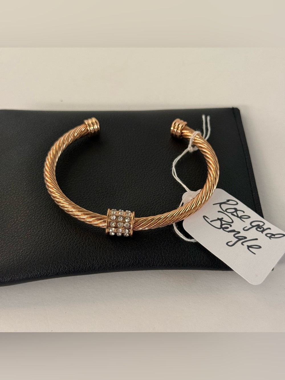 Rose Gold Twisted Cable Cuff Bracelet with Crystal Barrel